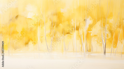 黄色く紅葉した白い幹の木が並んでいる水彩画