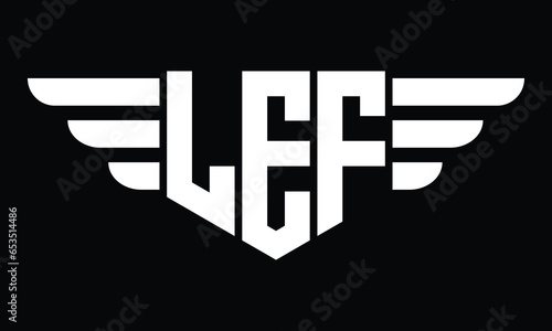 LEF three letter logo, creative wings shape logo design vector template. letter mark, word mark, monogram symbol on black & white.