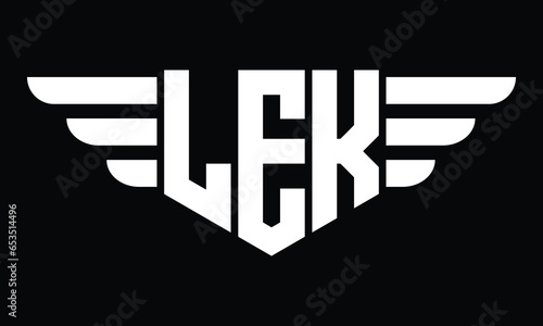 LEK three letter logo, creative wings shape logo design vector template. letter mark, word mark, monogram symbol on black & white.