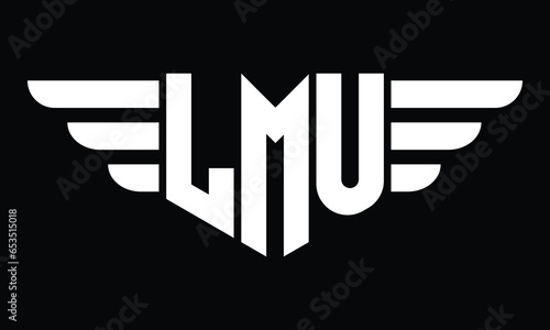 LMU three letter logo, creative wings shape logo design vector template. letter mark, word mark, monogram symbol on black & white. photo