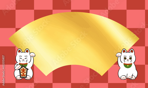 招き猫の扇型フレームと市松模様の背景イラスト
