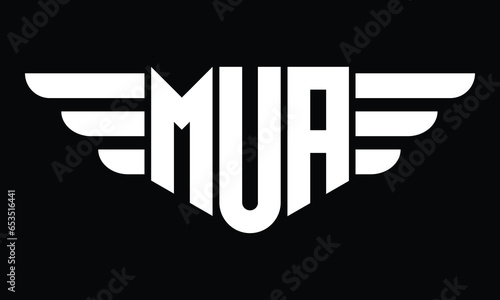 MUA three letter logo, creative wings shape logo design vector template. letter mark, word mark, monogram symbol on black & white.