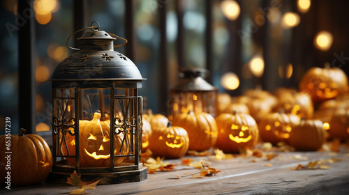 Festive mystical halloween interior. Pumpkin, spider web, burning candles on dark wooden background