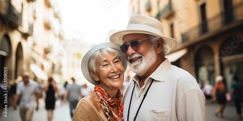 Senior couple on their way, walking down a city street, Generative AI. photo