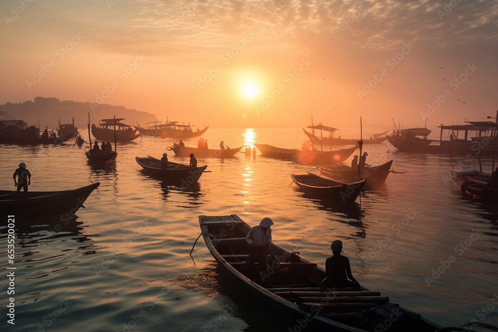 In a coastal town at dawn, fishermen set sail on wooden boats, silhouetted against the pastel sky, chasing the promise of a bountiful day at sea.
