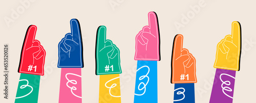 Hands of sports fans wearing foam fingers. Supporters cheering for team. Colorful vector illustration