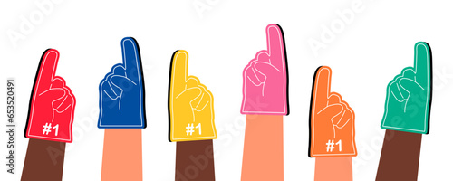 Hands of sports fans wearing foam fingers. Supporters cheering for team. Flat vector illustration isolated on white