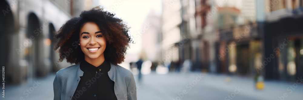 Fototapeta premium Young beautiful black woman smiling in a city panoramic banner, pretty student girl portrait, young businesswoman standing outdoor, copy space