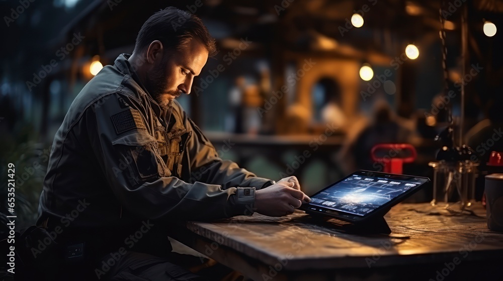 Israel uniformed soldiers analyzing data on tablets and practicing drone tactics in a makeshift base. Artificial intelligence programming control Online coordination of military teams