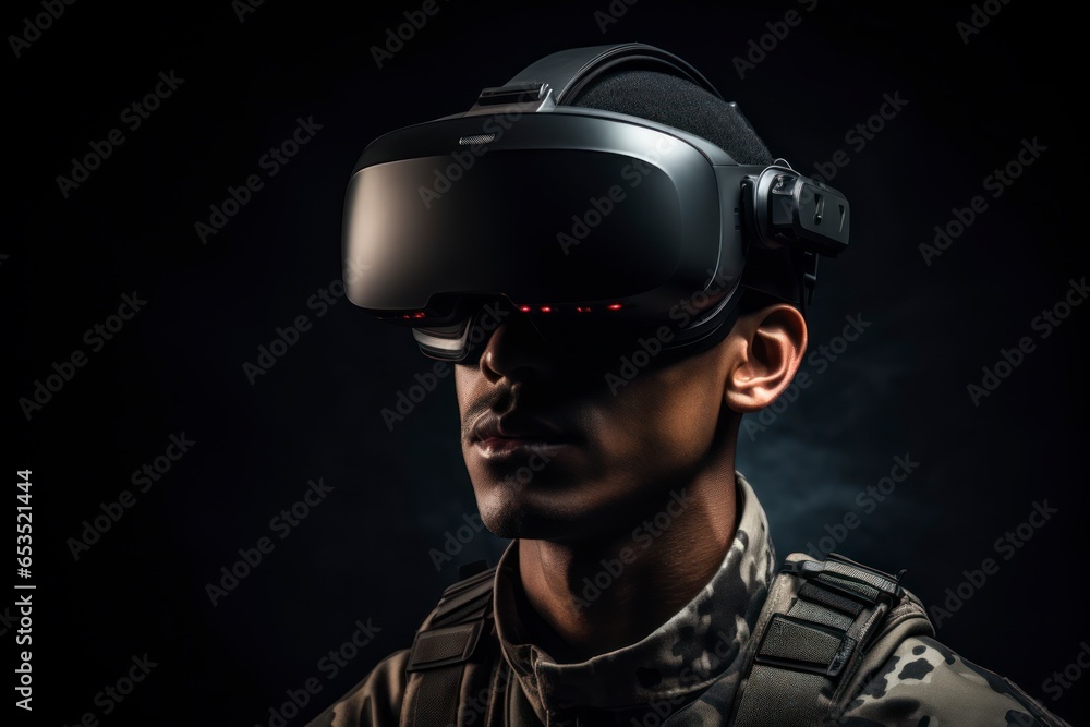 Photograph of a soldier wearing virtual reality goggles. Military VR technology.