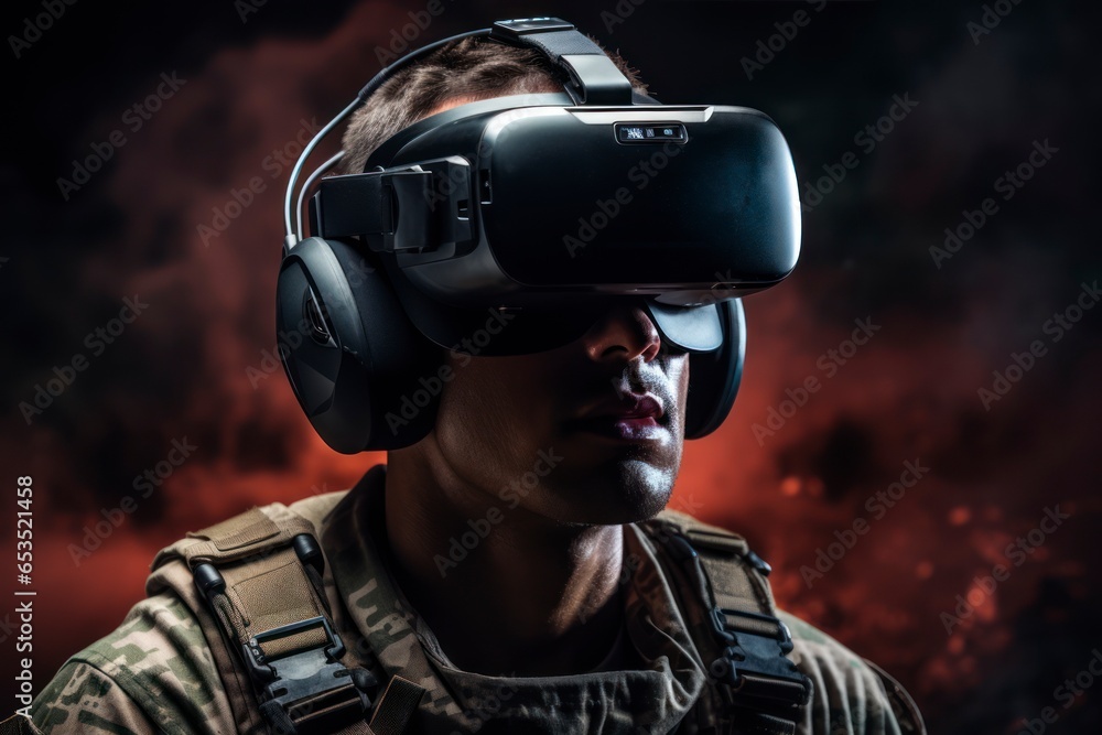 Photograph of a soldier wearing virtual reality goggles. Military VR technology.