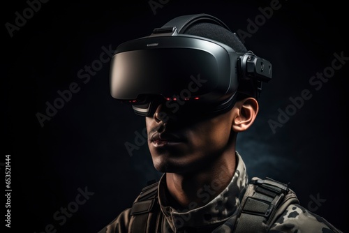 Photograph of a soldier wearing virtual reality goggles. Military VR technology. © sirisakboakaew