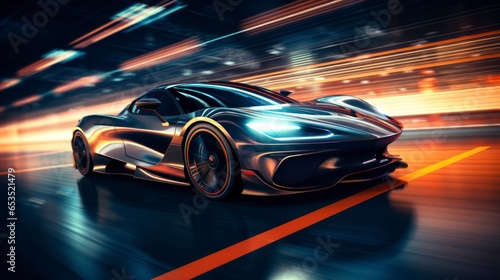 Photo of sports car accelerating on a neon highway. Powerful acceleration of a supercar on a night track with lights and tracks. Car lights at night  long exposure