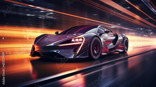 Photo of sports car accelerating on a neon highway. Powerful acceleration of a supercar on a night track with lights and tracks. Car lights at night, long exposure © sirisakboakaew