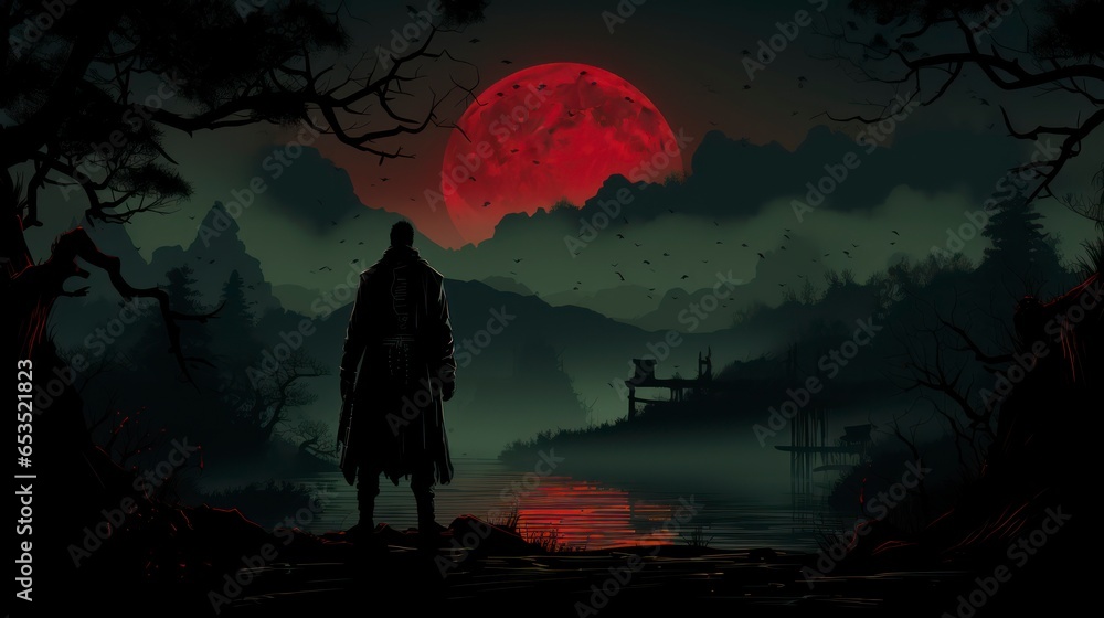 Vector art of a terrifying Ronin standing in the forest at night. Black silhouette of Japanese samurai warrior against forest at night