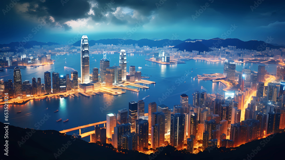 View from Victoria Peak with the sparkling city lights of Hong Kong - obrazy, fototapety, plakaty 