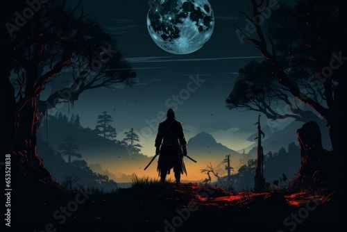 Vector art of a terrifying Ronin standing in the forest at night. Black silhouette of Japanese samurai warrior against forest at night