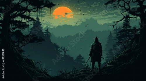 Vector art of a terrifying Ronin standing in the forest at night. Black silhouette of Japanese samurai warrior against forest at night © sirisakboakaew