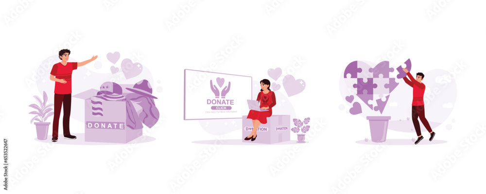 Collect used clothes. Online donation platform. Symbol of helping others. Donate concept. Set Trend Modern vector flat illustration Collect used clothes. Online donation platform. Symbol of helping others. Donate concept. Set Trend Modern vector flat illustration