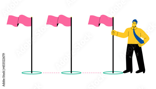 Working process, project progress, milestone or achievement tracking, work experience or roadmap concept. Flat vector illustration isolated on white background