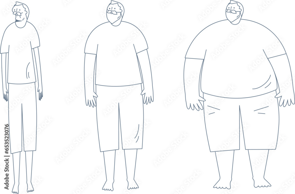 A thin man. Men of normal weight. A fat man. Illustration of weight