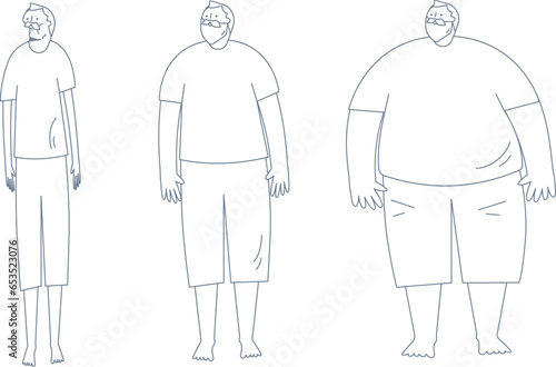 A thin man. Men of normal weight. A fat man.
Illustration of weight gain and loss concept.