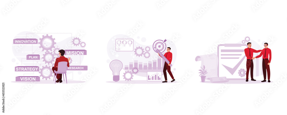 Analyze the company's work processes virtually. Company planning strategy for success. A collective agreement is a work contract. Vision Statement concept. Set Trend Modern vector flat illustration