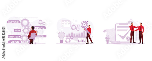 Analyze the company's work processes virtually. Company planning strategy for success. A collective agreement is a work contract. Vision Statement concept. Set Trend Modern vector flat illustration