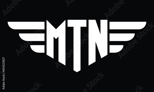 MTN three letter logo, creative wings shape logo design vector template. letter mark, word mark, monogram symbol on black & white.