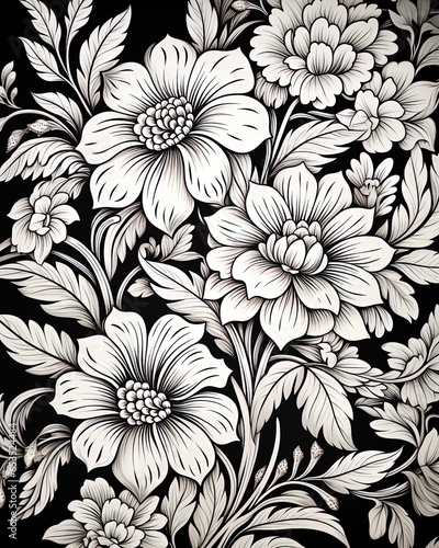 A Drawings of white sunflowers on a black background.