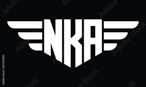 NKA three letter logo, creative wings shape logo design vector template. letter mark, word mark, monogram symbol on black & white.