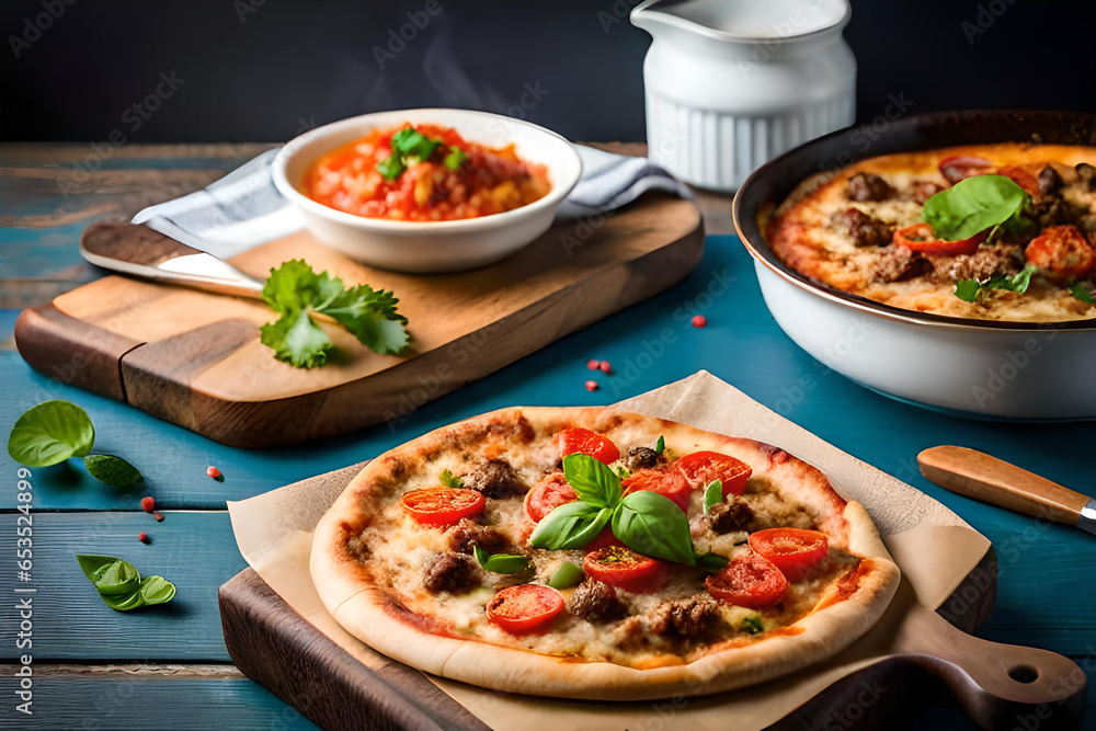 Turkish Ground Lamb Pizzas with Tomatoes and Melted Cheese. Close-Up. Generative AI Turkish Ground Lamb Pizzas with Tomatoes and Melted Cheese. Close-Up. Generative AI
