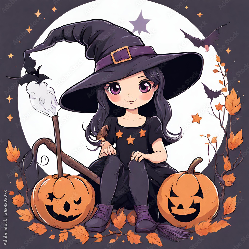 Cute little witch on Halloween night Cute little witch on Halloween night