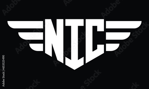 NIC three letter logo, creative wings shape logo design vector template. letter mark, word mark, monogram symbol on black & white.