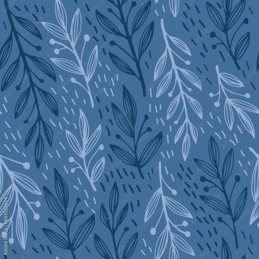 Seamless vector pattern with many blue leaves. Outline doodle leaves, abstract background. Plant pattern with fabric, paper, textile, design. Seamless vector pattern with many blue leaves. Outline doodle leaves, abstract background. Plant pattern with fabric, paper, textile, design.