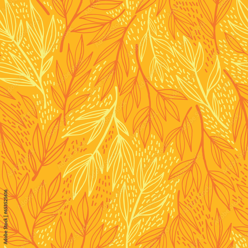 Leaves and plants vector seamless pattern. Abstract vector texture. Botanical bright yellow pattern. For fabric, textile. wrapping, design.