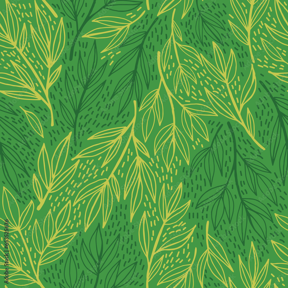 Plants vector seamless pattern. Green botanical background, many small green and yellow leaves. Calm natural pattern for wrapping, textile, print, fabric.