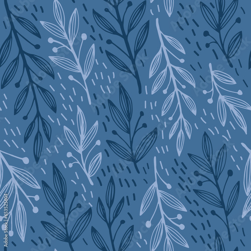Seamless vector pattern with many blue leaves. Outline doodle leaves, abstract background. Plant pattern with fabric, paper, textile, design. © sorninai