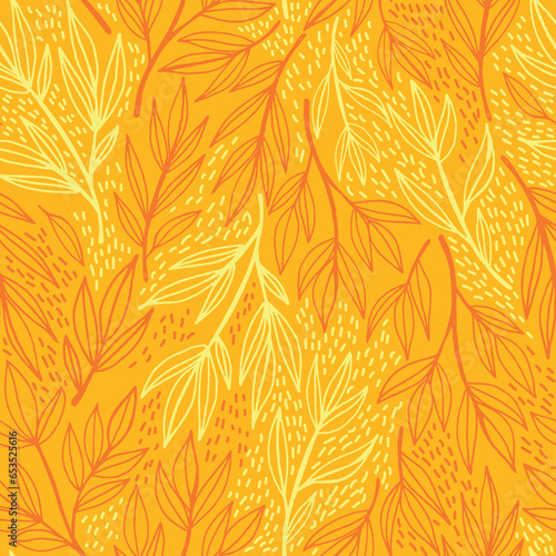 Leaves and plants vector seamless pattern. Abstract vector texture. Botanical bright yellow pattern. For fabric, textile. wrapping, design.