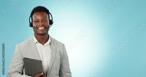 Business man, telemarketing signup and pointing to choice, info and checklist for decision in studio. Black male professional and steps with blue background and mockup space for crm information photo