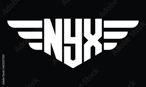 NYX three letter logo, creative wings shape logo design vector template. letter mark, word mark, monogram symbol on black & white.
