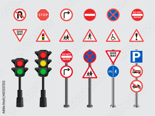 Priority road signs, Traffic sign, Prohibition road signs and Mandatory road signs. Traffic Laws. Vector illustration. 