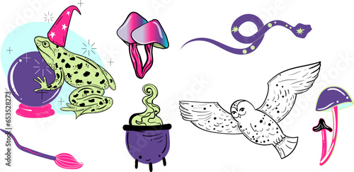 Magic witchy set, Halloween witchcraft watercolor vector elements isolated, cauldron, witch Broom, magical mushroom, mystical snake, potion and spell book