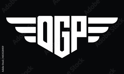 OGP three letter logo, creative wings shape logo design vector template. letter mark, word mark, monogram symbol on black & white.