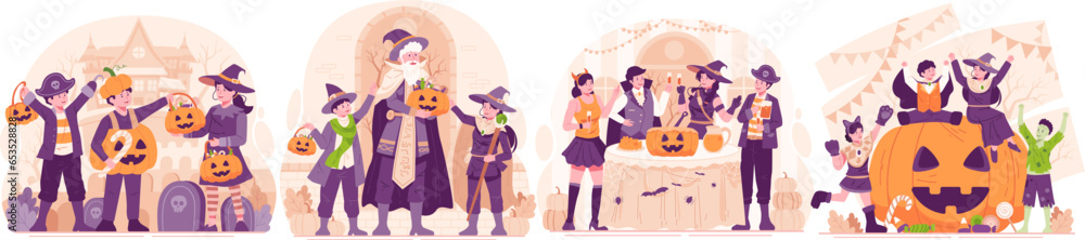 Illustration Set of Halloween. Happy People Dressing Up in Various Halloween Costumes Celebrating Halloween. Halloween Party and Trick or Treat Concept Illustration Set of Halloween. Happy People Dressing Up in Various Halloween Costumes Celebrating Halloween. Halloween Party and Trick or Treat Concept