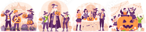 Illustration Set of Halloween. Happy People Dressing Up in Various Halloween Costumes Celebrating Halloween. Halloween Party and Trick or Treat Concept