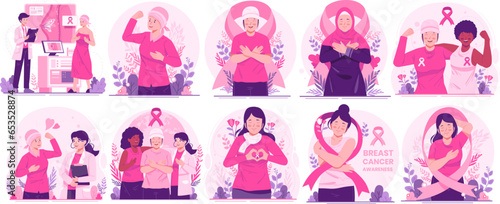 Mega Illustration Set of Breast Cancer Awareness Month. Women With Ribbons Pink As a Concern and Support for Women With Breast Cancer