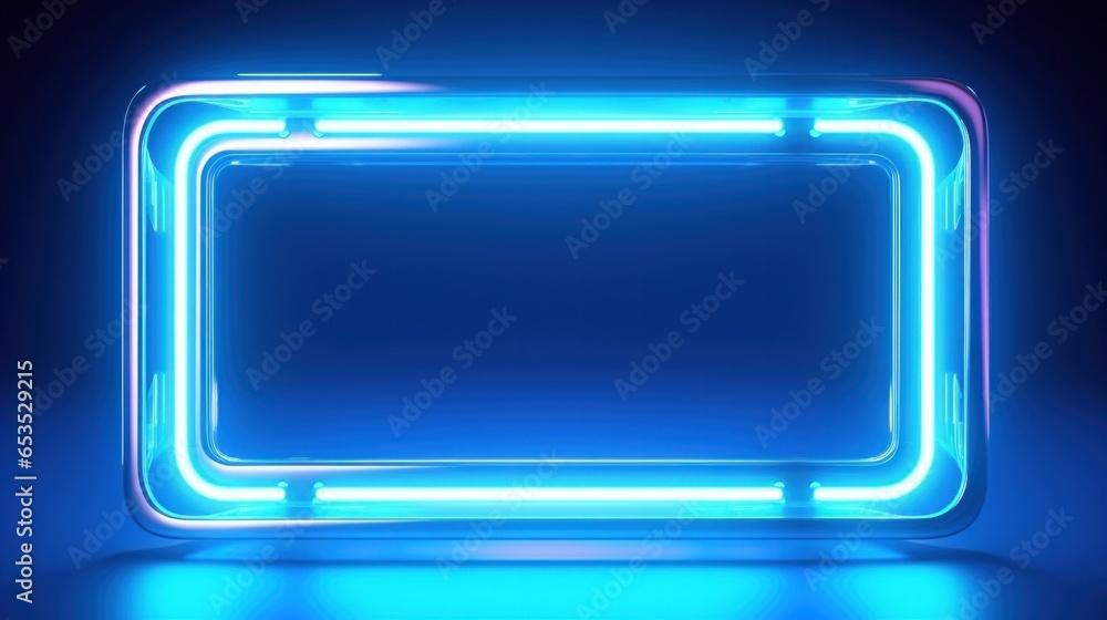 3D Blue rectangular retro frame with glowing lamps on dark background. 3D Blue rectangular retro frame with glowing lamps on dark background.