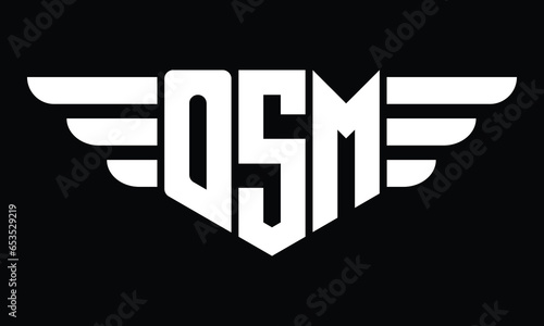 OSM three letter logo, creative wings shape logo design vector template. letter mark, word mark, monogram symbol on black & white.