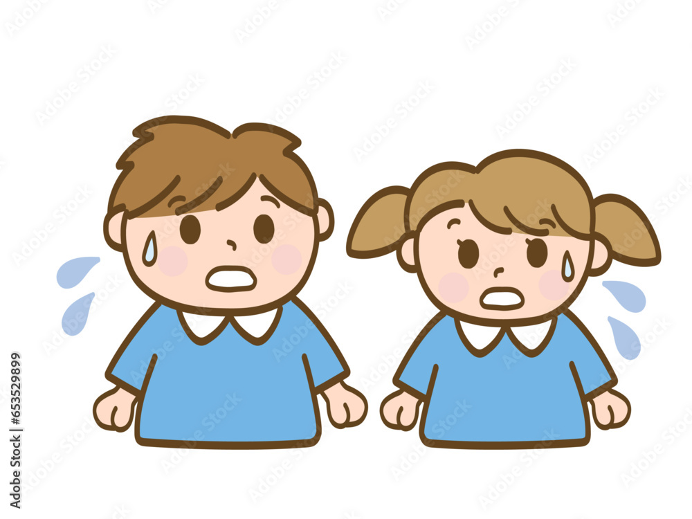 焦る男の子と女の子_保育園児の兄妹 焦る男の子と女の子_保育園児の兄妹